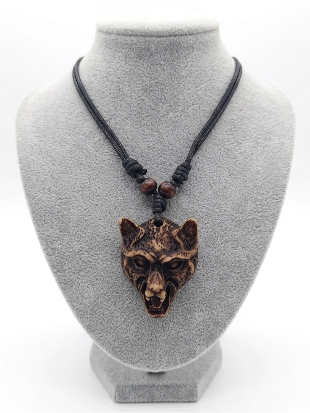 New Wisdom Wolf Native Yak Bone Carved Brown Head Leather Wood Bead Necklace
